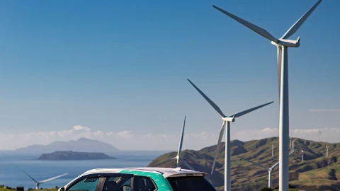 Meridian car in front of a wind farm