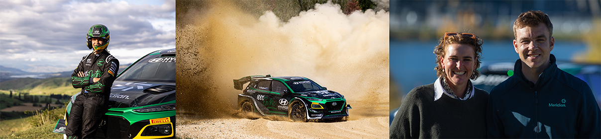EV Kona rally car in action and rally driver Hayden Paddon – collage