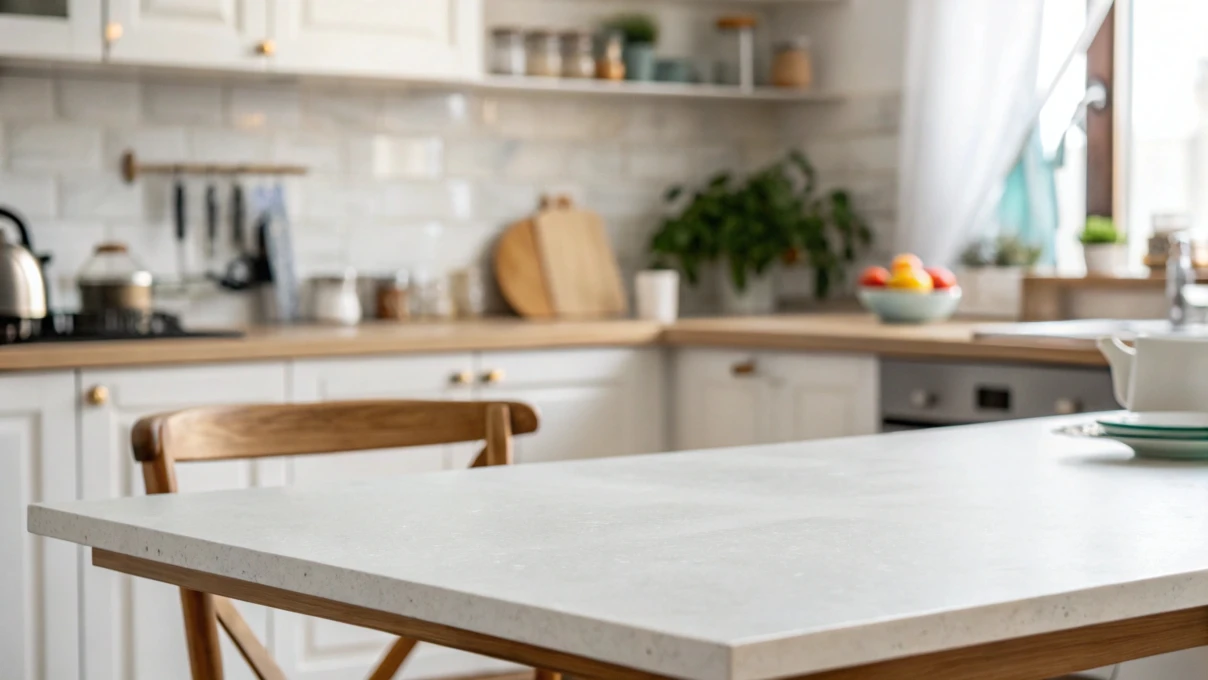 Cozy kitchen interior, wooden table, modern appliances, bright natural light