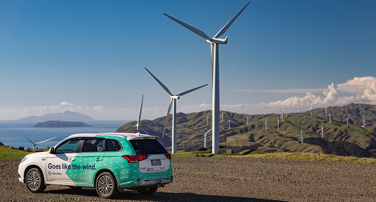 Meridian car by wind turbines