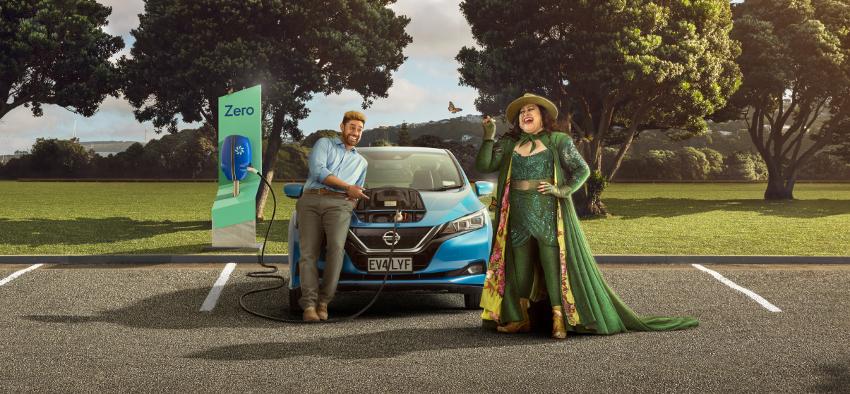 Mother Nature and an EV driver chatting by a Zero charger