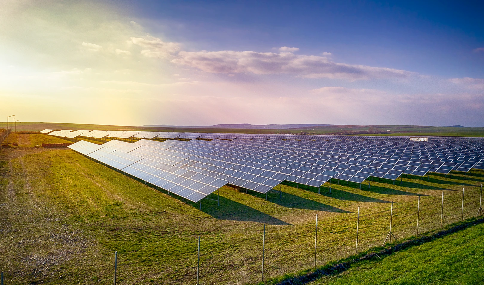 Scores of solar panels installed in farmland.